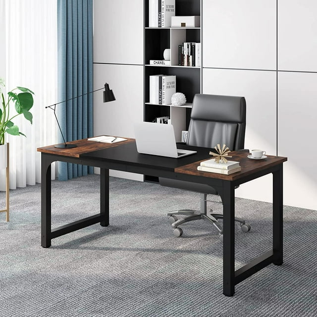 Tribesigns 63” Executive Desk, Large Office Computer Desk with Thicken, Frame Modern Simple Workstation Business Furniture for Home Office, Rustic Brown/Black