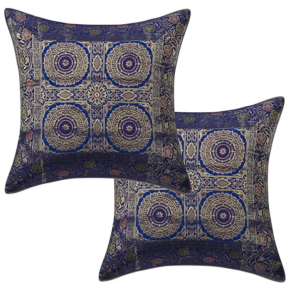 Stylo Culture Indian Sofa Throw Pillow Covers 16 x 16 Jacquard Ink Blue Square 40 x 40 cm Home Decor Brocade Floral Mandala Zippered Cushion Covers | Set Of 2