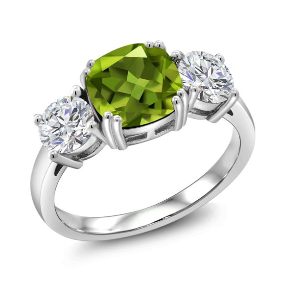Gem Stone King 925 Sterling Silver Green Peridot and Lab Grown Diamond Engagement Ring for Women | 3.45 Cttw | Cushion 8MM | Gemstone August Birthstone | Size 9