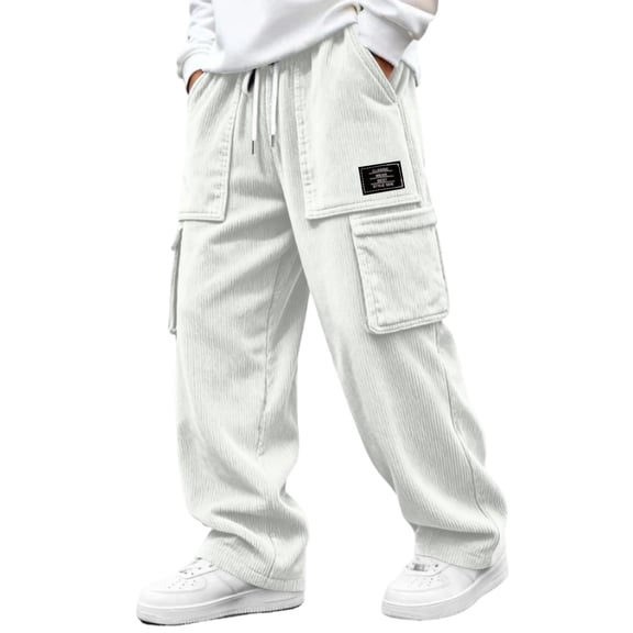 Vxararl Men Street‑Style Corduroy Cargo Pants, Wide Leg Loose Trousers, Elastic Drawstring Waist Multi‑Pocket Casual Pants for Outdoor Activities White 3xL