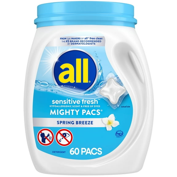 (4 Pack) all Unit Dose Laundry Detergent, Mighty Pacs, Sensitive Fresh, 60 Count