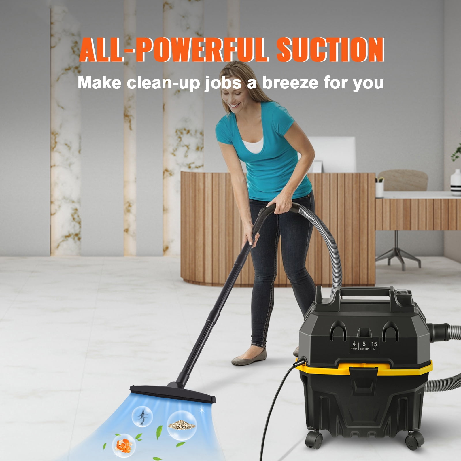 BENTISM Wet Dry Vac, 4 Gallon, 5 Peak HP, 3 in 1 Shop Vacuum with Blowing Function, Portable with Attachments to Clean Floor, Upholstery, Gap, Car, ETL Listed, Black/Orange