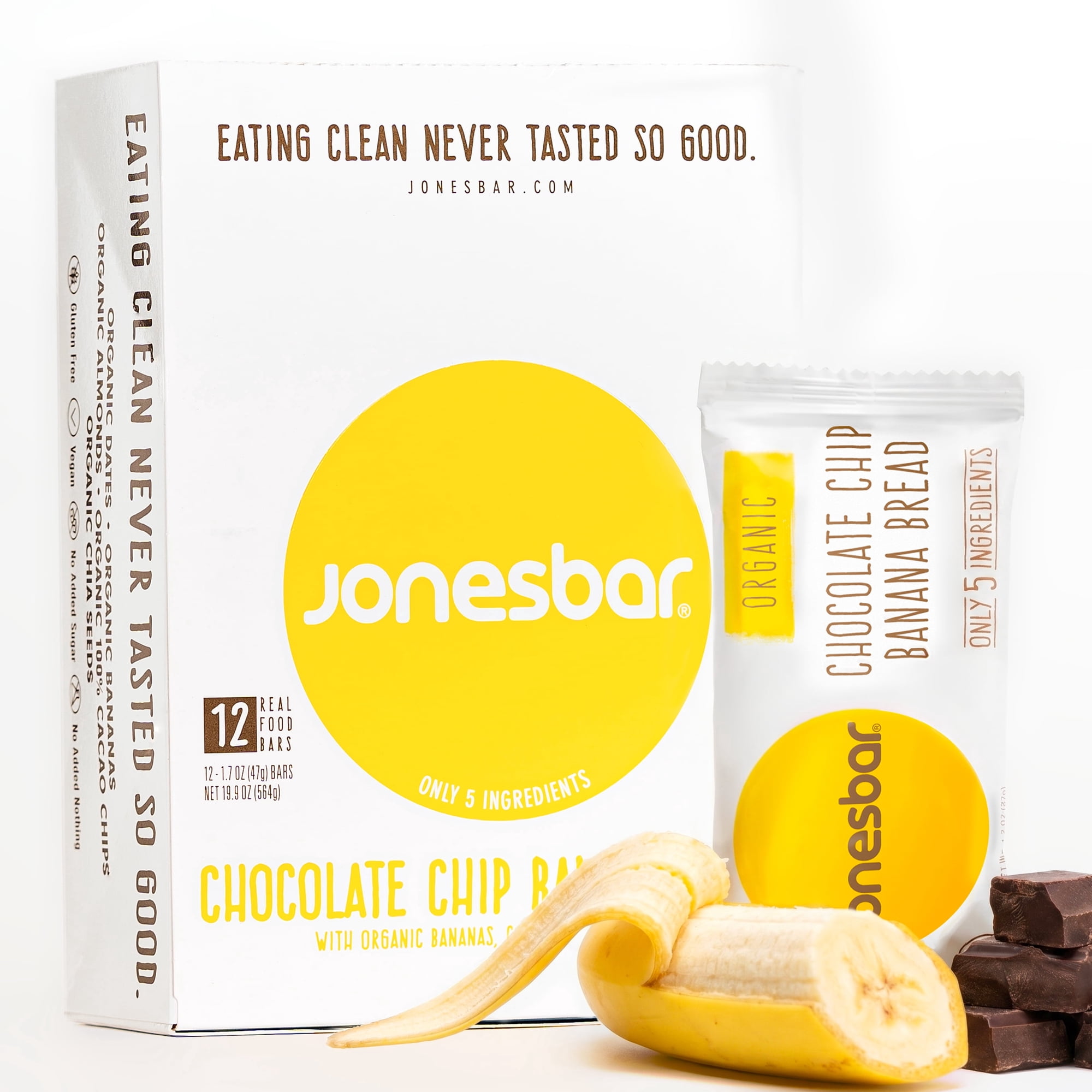 JONESBAR Organic Plant Based Protein Bars | Chocolate Chip Banana Bread | Fruit & Nut Bar, Kosher, Gluten Free, Breakfast Bars, School Snacks, Vegan Snack & Healthy Snacks for Adults and Kids