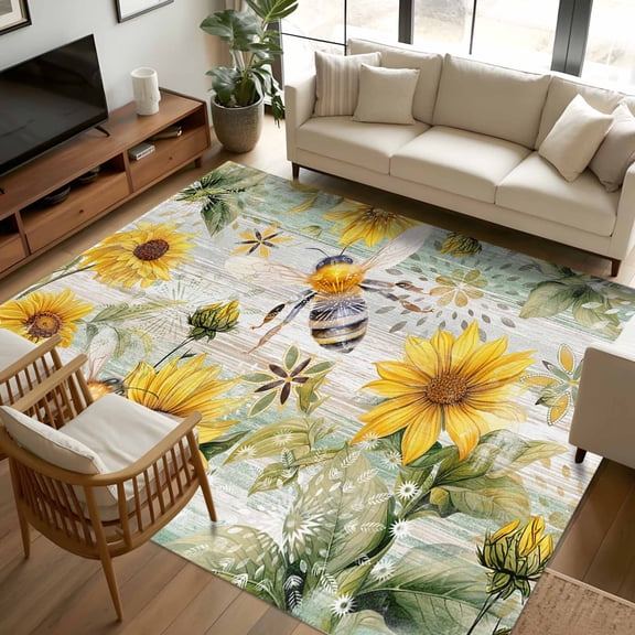 8x10 Area Rugs Sunflower Bee Non-Skid Rubber Backing Large Rectangle Rugs - Living Room Bedroom Home Office, Vintage Summer Botanical Farmhouse Indoor Floor Mat Carpets Washable Rug