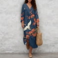 thumbnail image 4 of DISNIMO Womens Casual Maxi Dresses Crane Flower Print V Neck Loose Dress 2026 Elegant Linen-Like Shift Dress 3/4 Sleeve Midi Dresses, L, 4 of 6