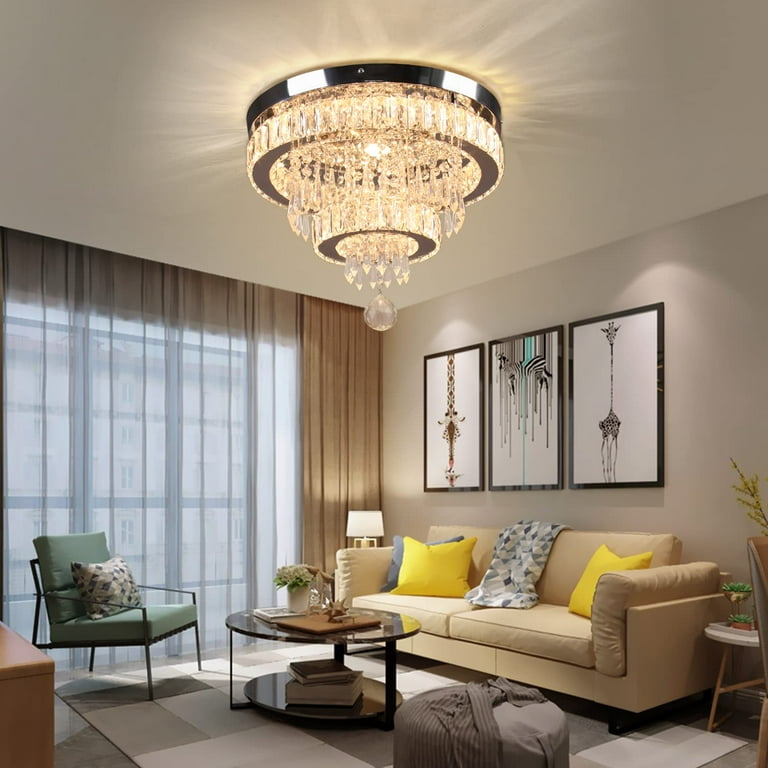 Diisunbihuo 15.7 Modern Crystal Chandeliers Dimmable 2 Rings Crystal Ceiling Light Fixture Flush Mount Ceiling Light for Bedroom Dining Room Living