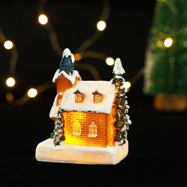 Decoraciones navideñas de resina, Mini casa navideña, micropaisaje, decoraciones luminosas para casa de nieve, regalos de Navidad