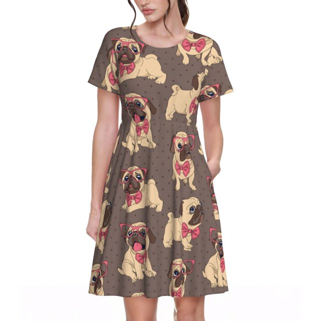 Disketp Cut Pug para Vestido de Manga Corta para Mujeres, Vestidos de Verano para Mujeres, Casual y Holgado para la Playa