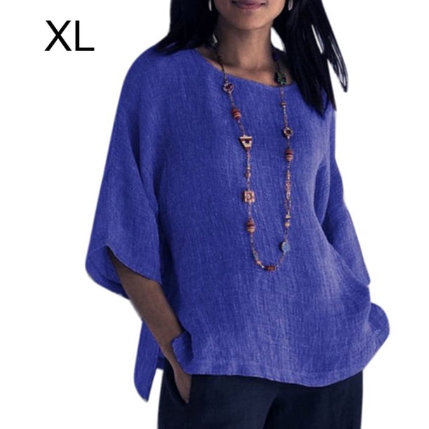 Ropa de mujer Camisa de manga 3/4 con cuello redondo Algodón Lino Top casual, Azul, XL seitruly AP002239-36