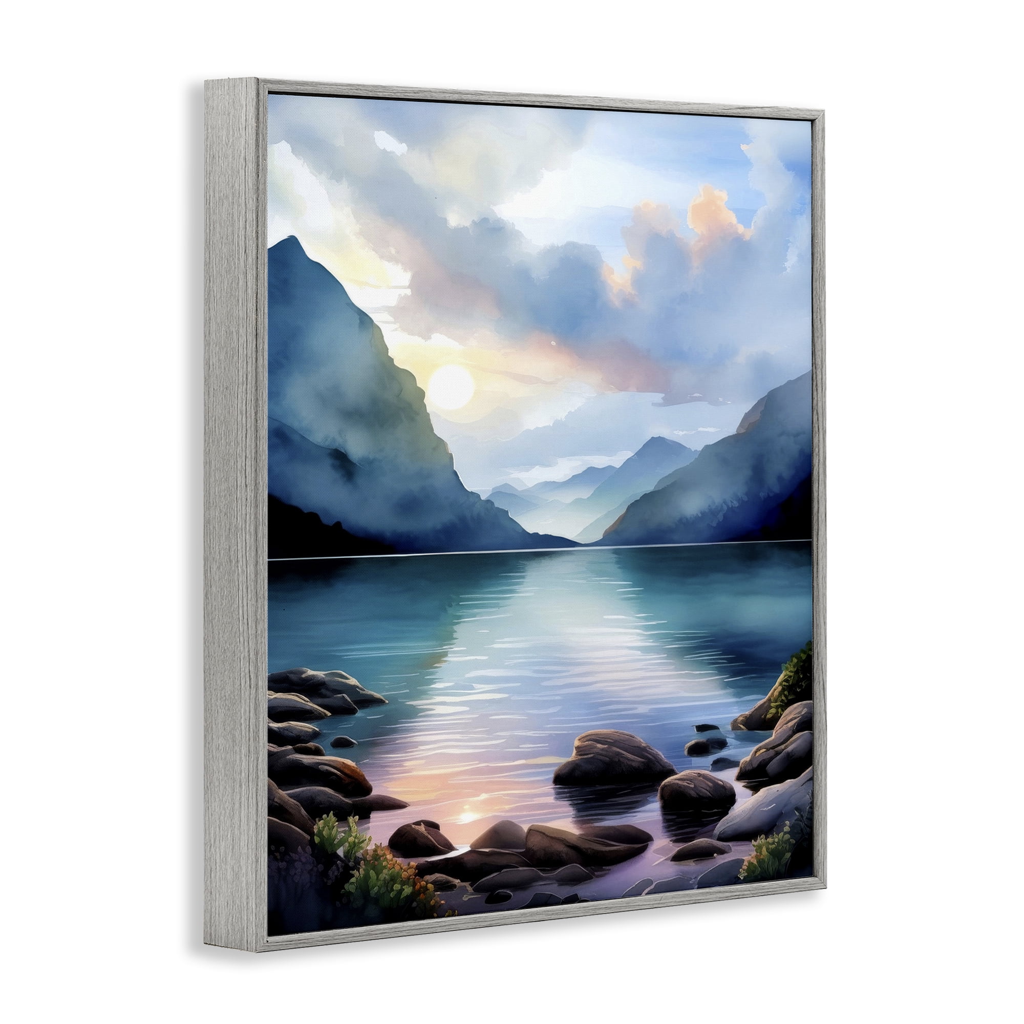 Stupell Industries Rocky Mountain Beach Landscape Painting Gray Framed Art Print Wall Art, 24 x 30