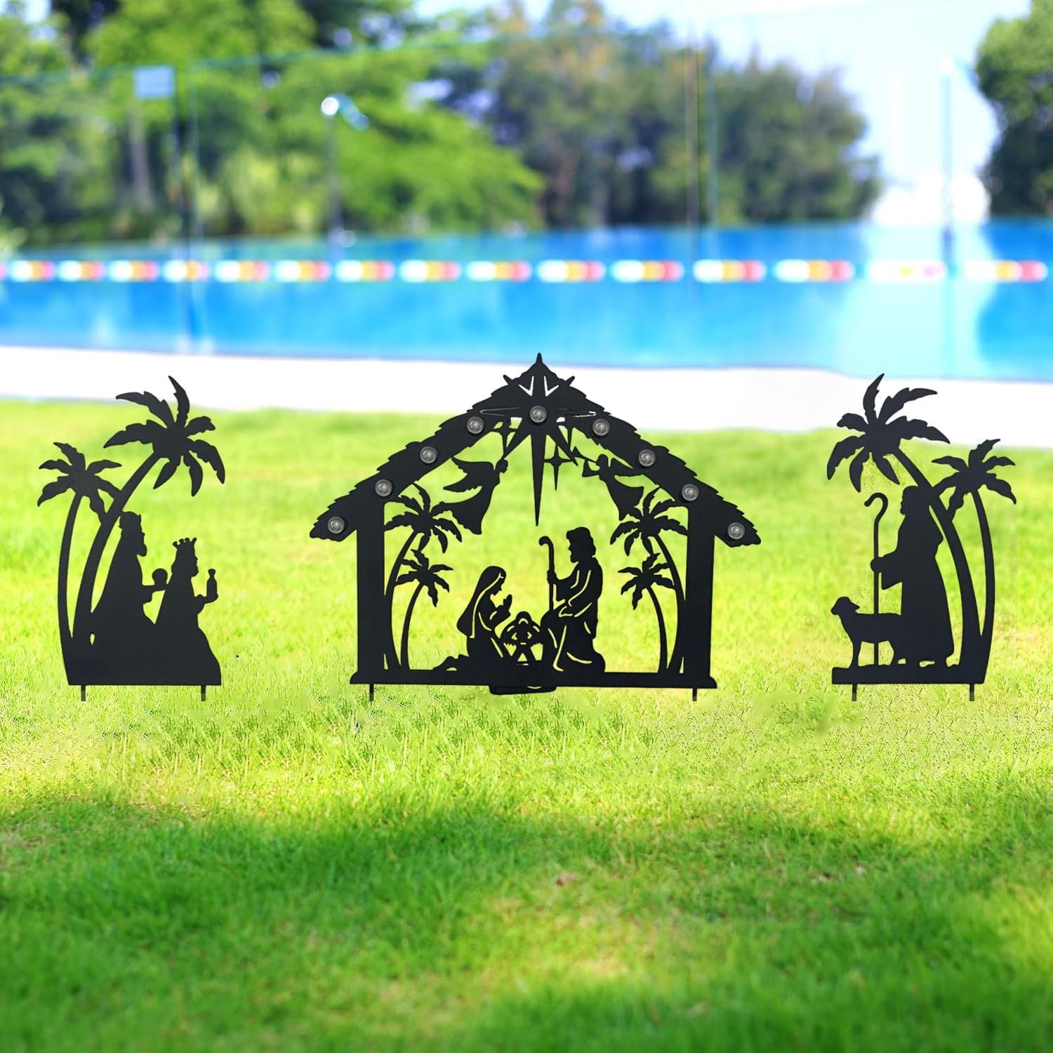 Christmas Garden Jesus Scene Decor, Solar Lighted Outdoor Nativity Set with 9 LED Lights, Christmas Decoration for Indoor Outdoor Holiday Party Garden Yard Lawn Decor