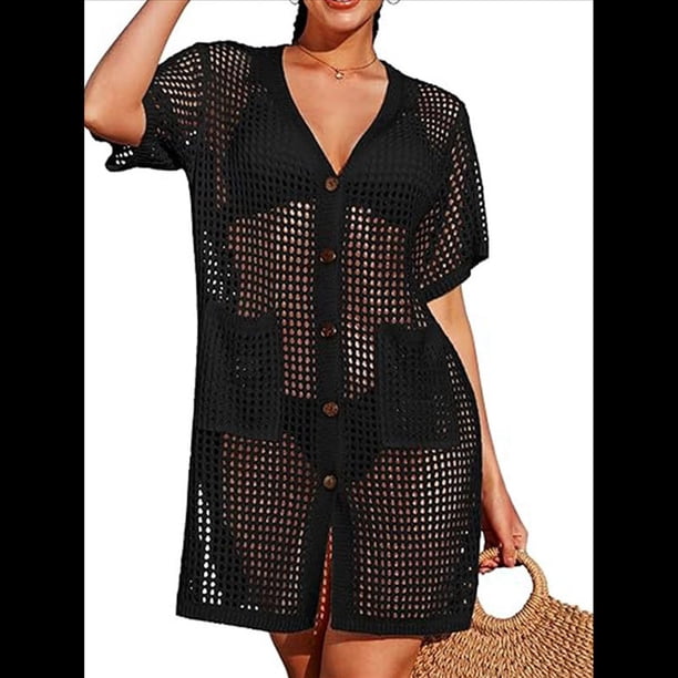 Vestido de Crochet con Botones y Abertura Lateral para Mujer, Traje de Baño con Bolsillos Negro M