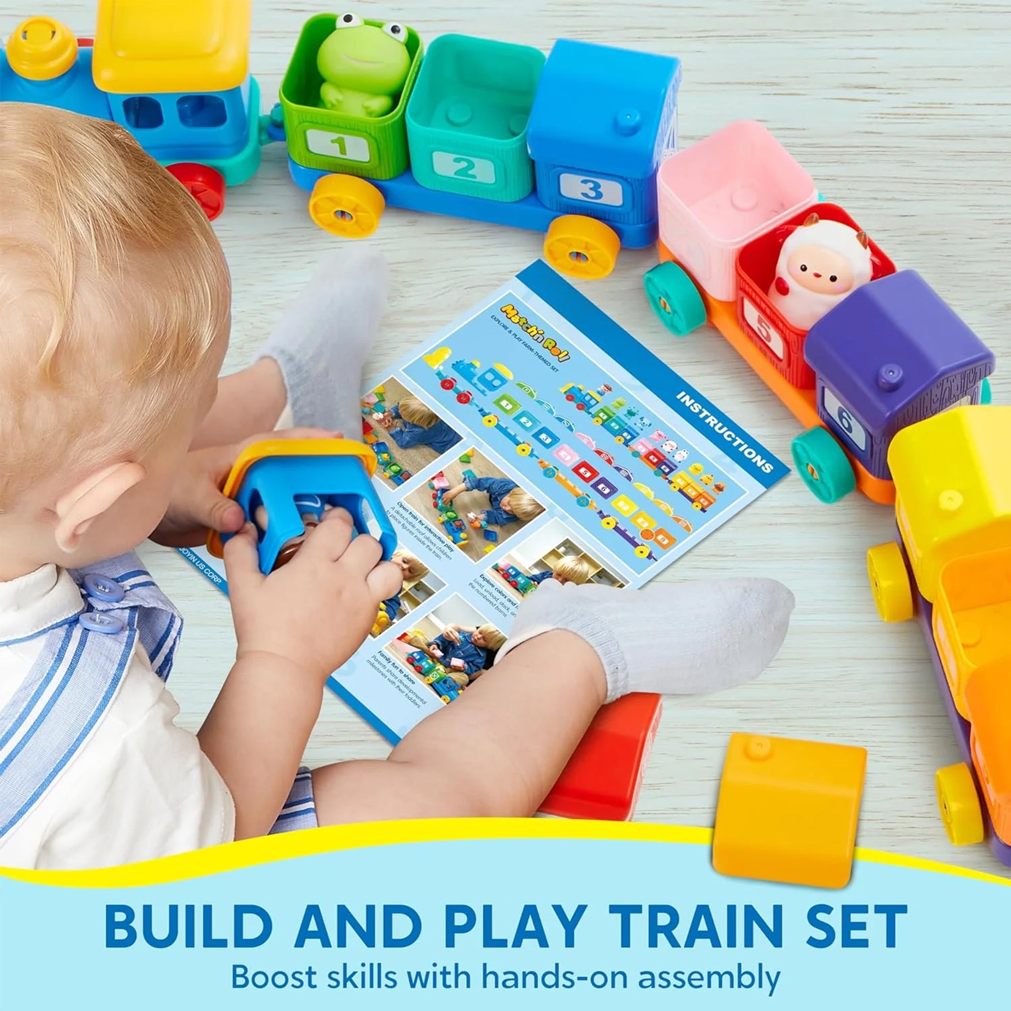 Joyfy Montessori Learning Toys for Toddlers 1 2 3 Years Old, Counting, Matching & Sorting Toy Train with 9 Farm Animals & 1 Farmer Finger Puppets, Christmas Birthday Gift for Baby Boys Girls