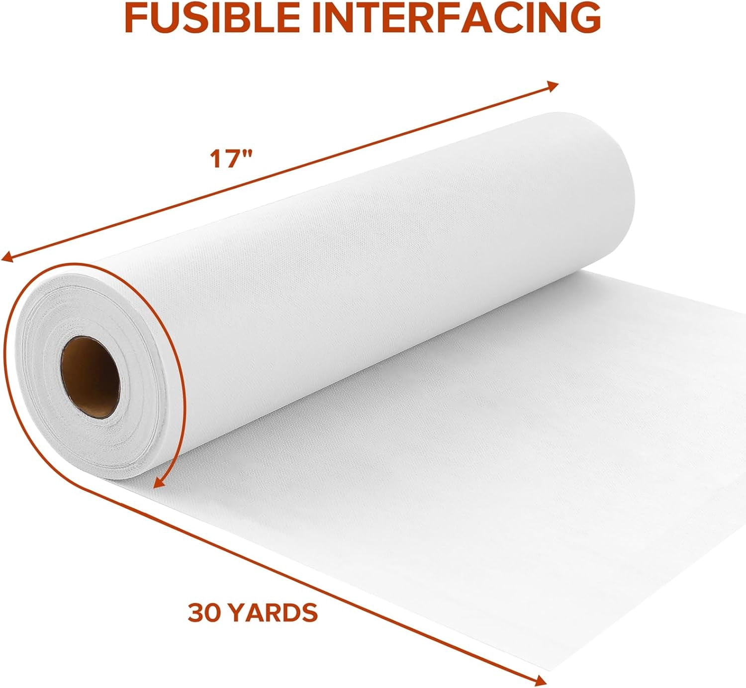 Light Weight 17in x 30yd White Iron On Non-Woven Fusible Interfacing, Single-Sided Polyester Fabric for DIY Craft Supplies, Quilting, Sewing, Shirt Plackets, Dresses, Collars, Cuffs