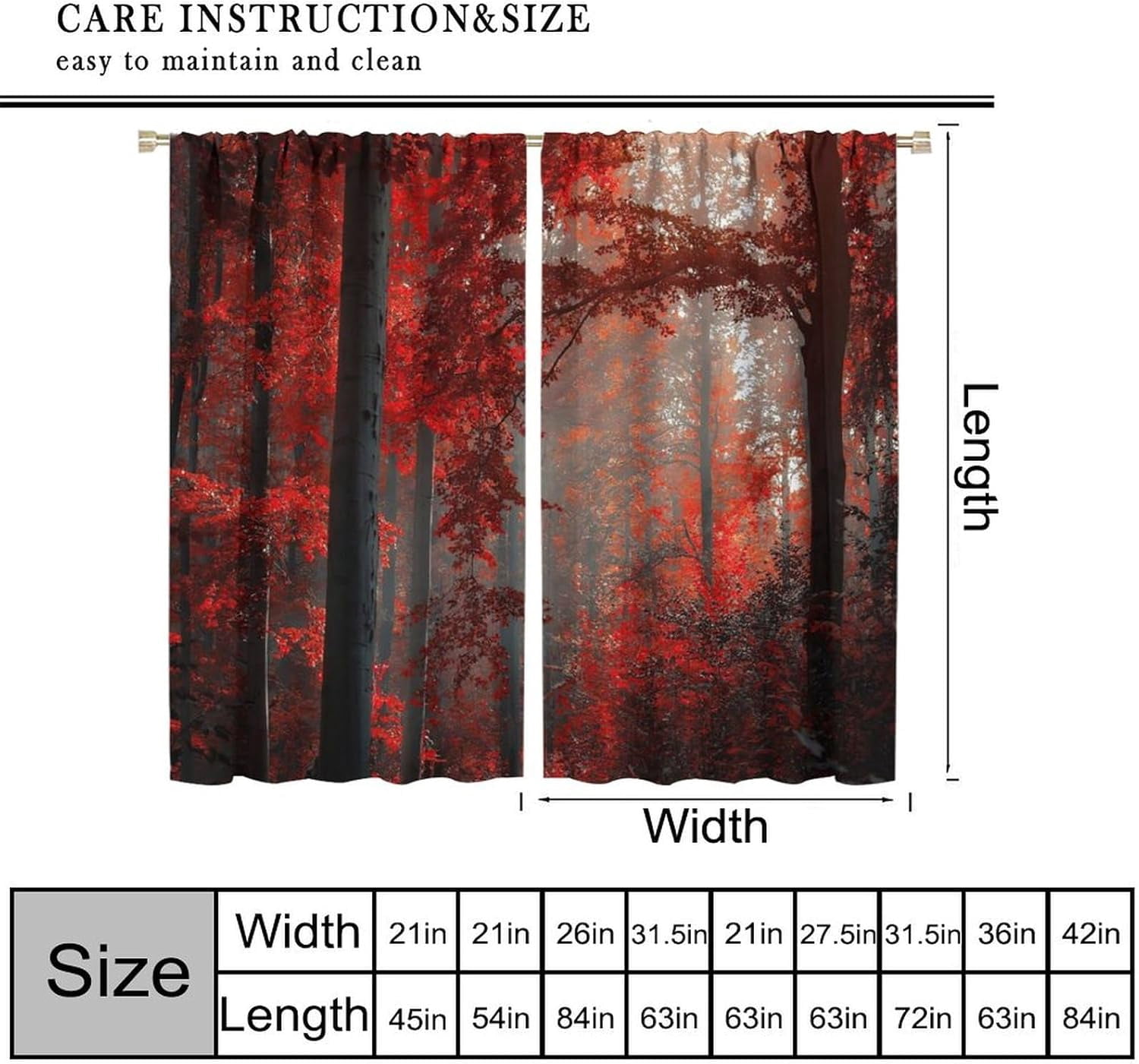 Red Maple Forest Curtains, Natural Scenery Forest Trees and Grass Pattern Printed Window Treatments for Bedroom Living Room Thermal Insulation Curtains 42x63 Inch