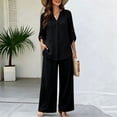 thumbnail image 6 of Cagogo Women Plus Size 2 Piece Set V Neck Long Sleeve Shirt Wide Leg Pants Casual Loose Outfits Solid Basic Matching Lounge Tracksuits Comfy Travel Airport Clothes, Black L, 6 of 7