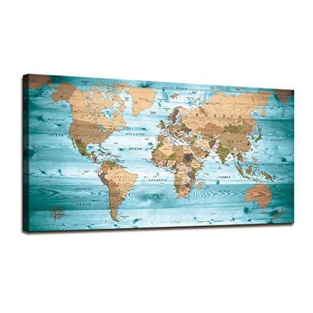 Wall Art Blue map of The World Painting Ready to Hang Large Framed Wall