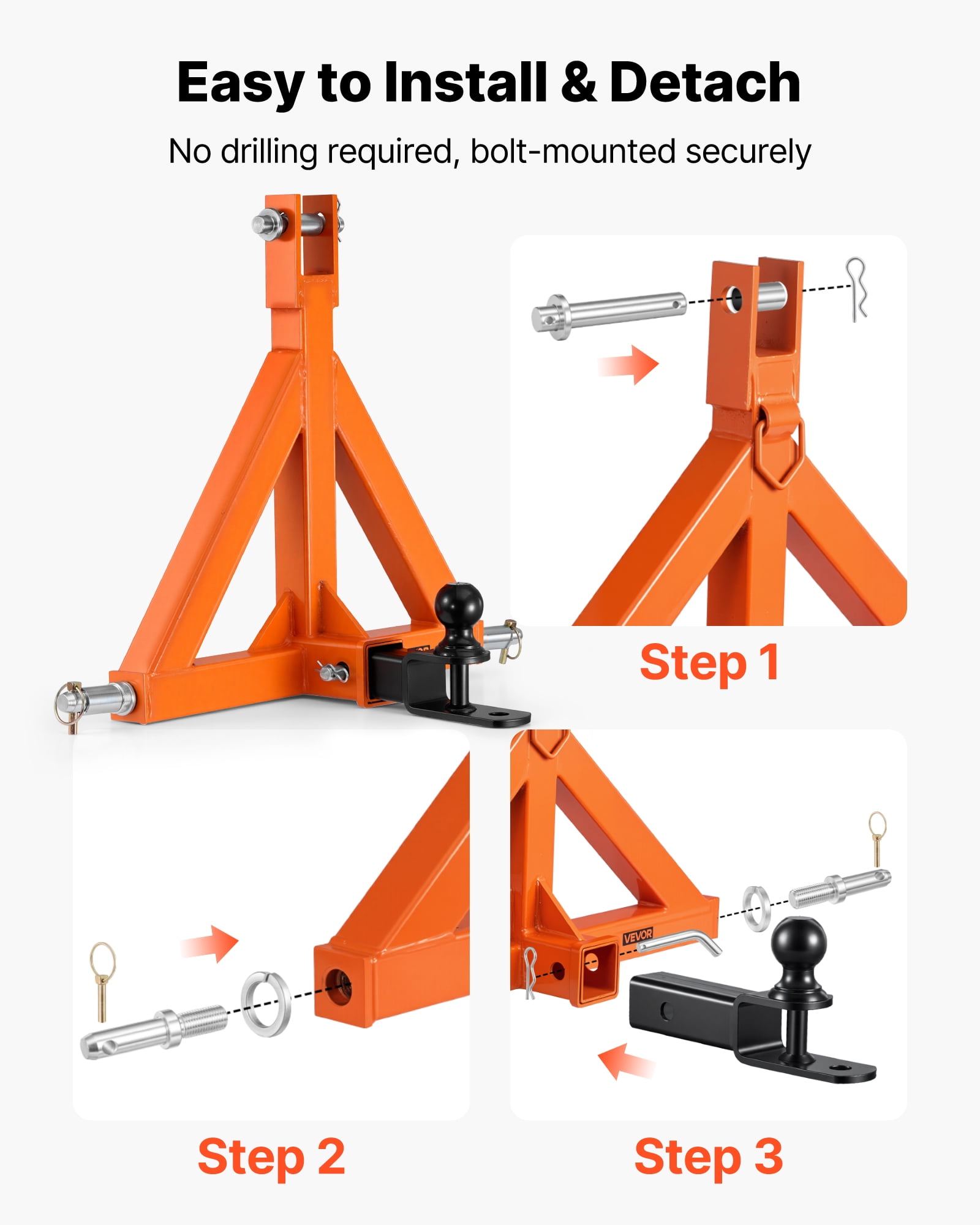 VEVOR 3 Point Trailer Hitch with 2" Receiver, 3 Pt Quick Hitch Attachment with Trailer Ball, Tractor Tow Drawbar Adapter, Fits Category 1, Kubota, Mahindra, Ford, Yanmar, John Deere, Massey Ferguson