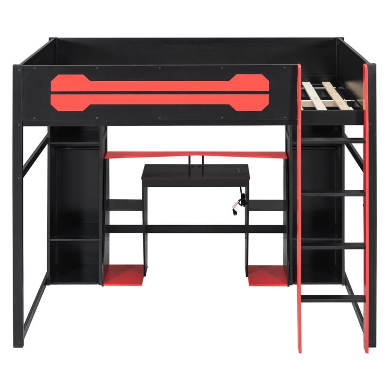 Full Size Wooden Gaming Loft Bed with Desk, RGB LED Lights, USB Charging Station, Wardrobe and Storage Cabinets, Space-Saving Loft Bed Frame with Workstation for Bedroom