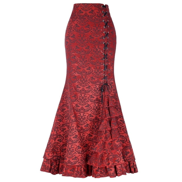 Weiqiqre Jupe pour Femmes Grande Taille Style Punk Rétro Sirène Jupe Imprimée Vintage Longue à Volants Queue de Poisson