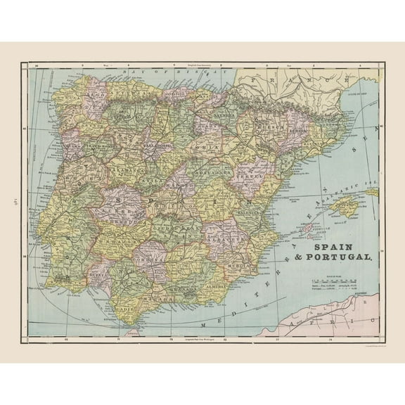 Historic Map - Spain Portugal - Cram 1892 - 28.97 x 23 - Vintage Wall Art