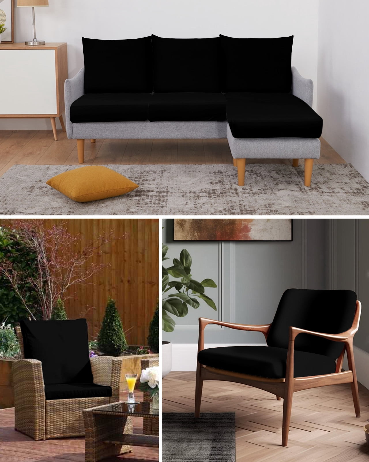 Black Couch Cushion Covers Stretch, Washable Sofa Seat Covers Individual Seat Cushion Sofa Slipcovers Pure Black Couch Cover Furniture Protector S-1PCS