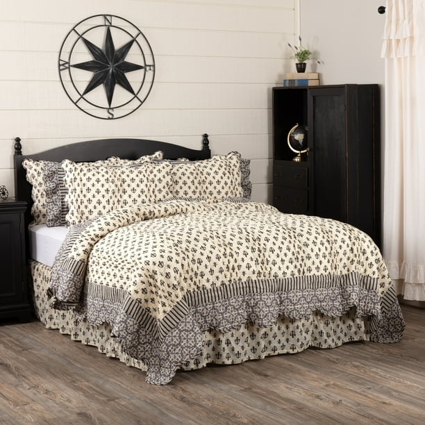 Creme Black Farmhouse Bedding Fleur De Lis Cotton PreWashed Patchwork