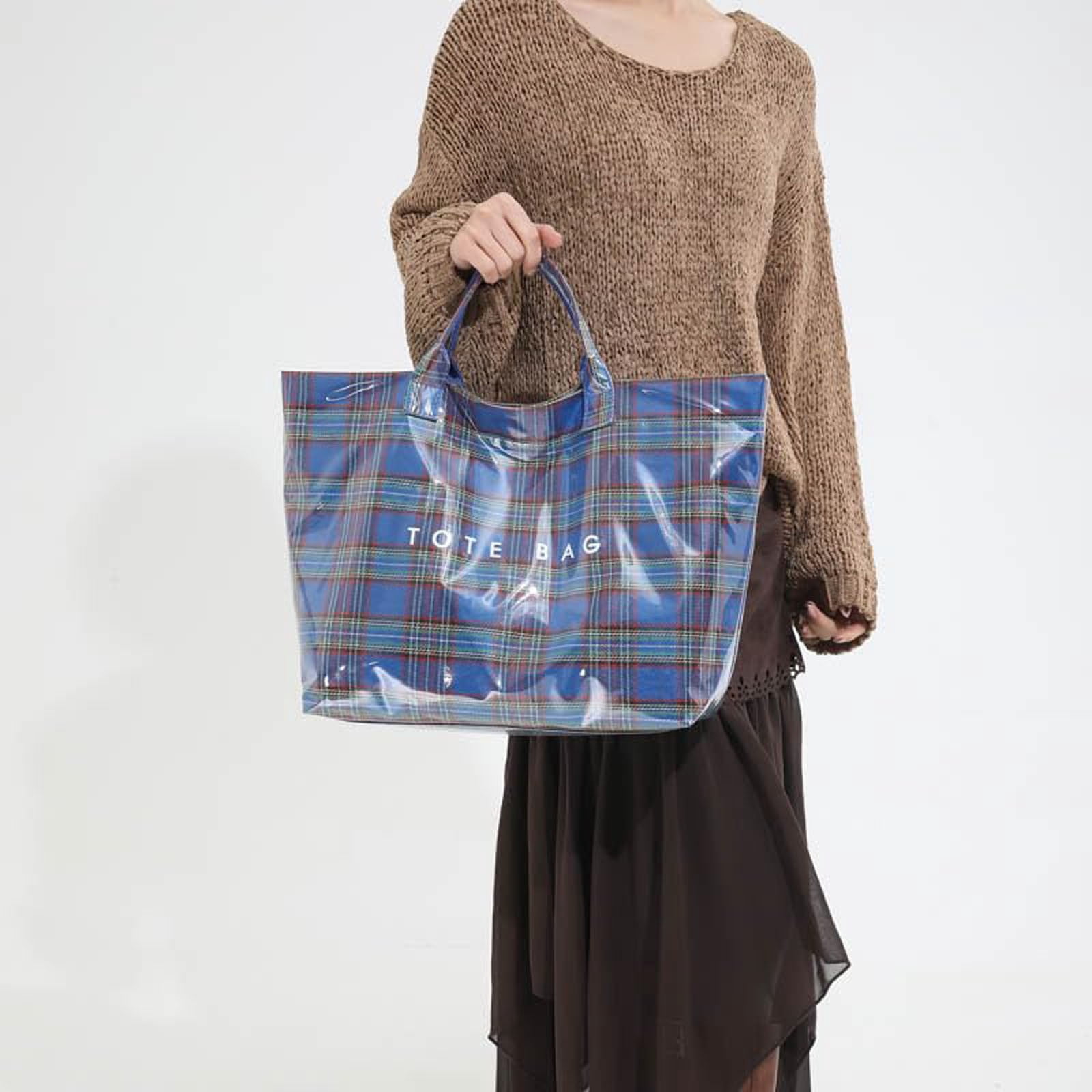 Comefolife Christmas Blue Plaid PVC Tote Bag for Women Vintage Christmas Buffalo Check Tote Bag Plastic Handbag