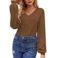 thumbnail image 2 of Women'S Long Sleeve V Neck Lantern Blouse Dressy Casual Ribbed Knit Tunics Loose Fit Fall Shirts 2025 Brown S, 2 of 8