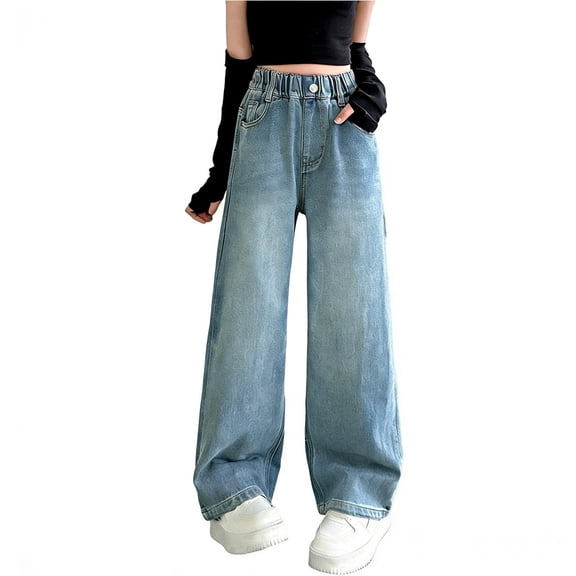 zbxnLI Kid's Denim Pants Wide Leg Elastic Waist Trousers with Pockets Fashion Casual Outdoor Jeans Pants for Girls