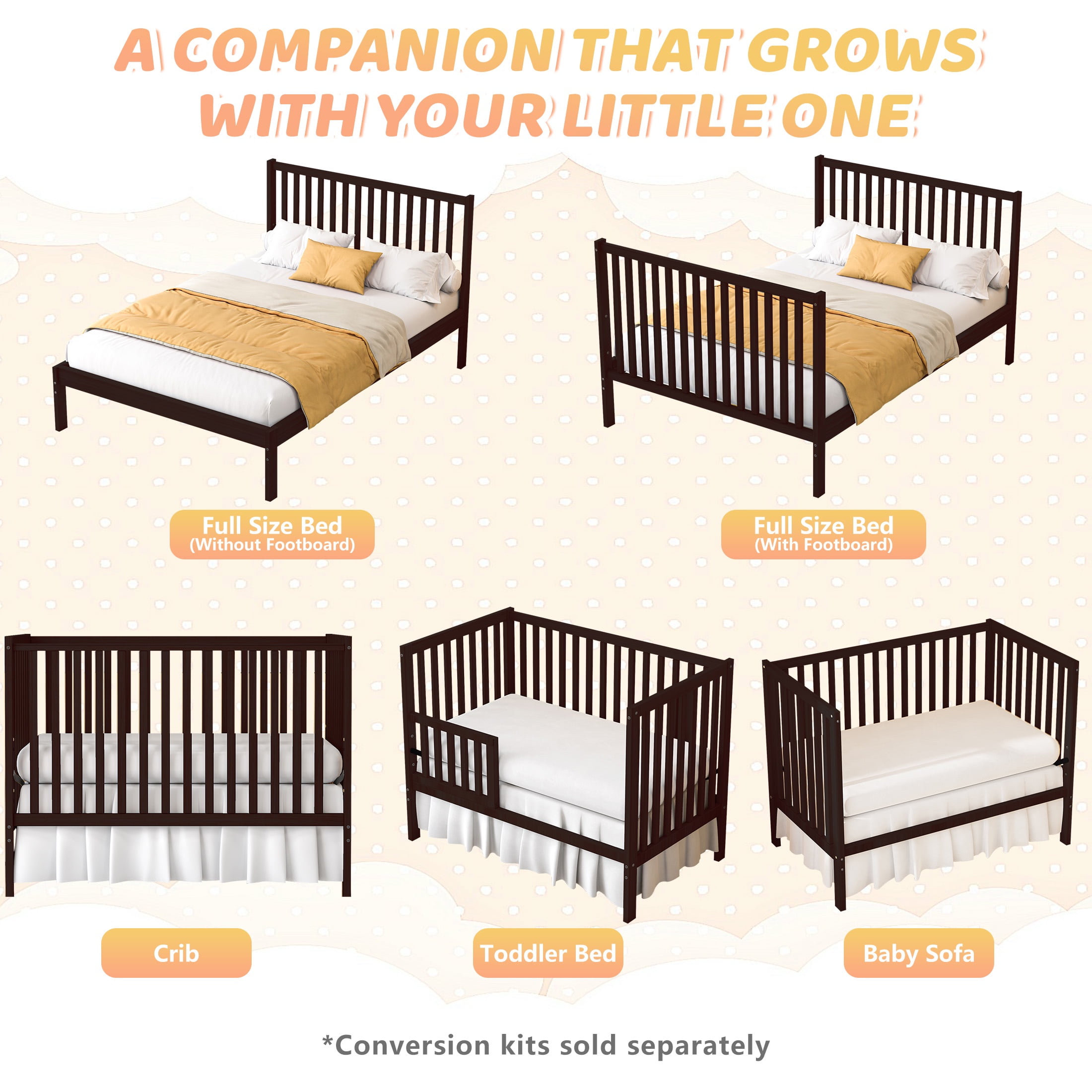 SESSLIFE 5-In-1 Convertible Crib, Espresso Baby Bed, Converts from Baby Crib to Toddler Bed, Fits Standard Full-Size Crib Mattress(Not Included)
