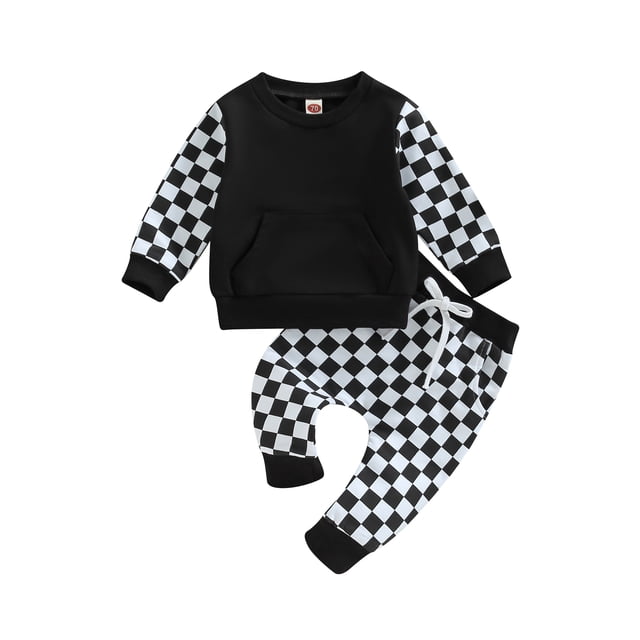 ZAXARRA Kid Boy Girl Shirt Pants Suit Long Sleeve Round Neck Checkerboard Tops Drawstring Jogger Pants