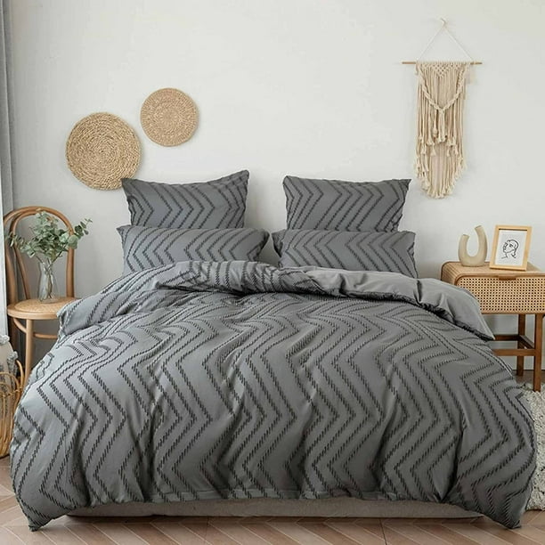 Seasonwood Queen Duvet Cover Gray Tufted Jacquard Microfiber Bedding