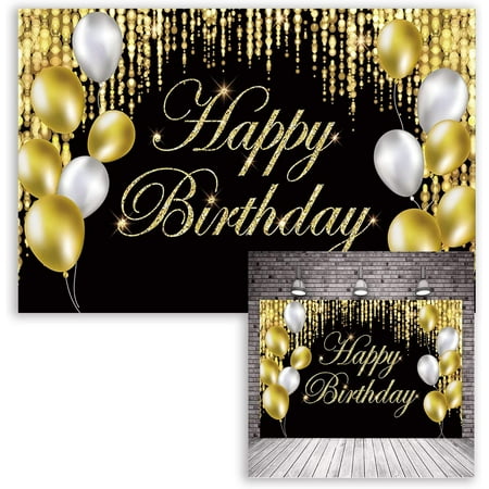 Image of Happy Birthday Backdrop Banner Black Gold Glitter Balloon Signs Photo Studio Backdrop Golden Sparkle Background Baby Shower Party Decorations for Men Women Boys Girls 7x5ft