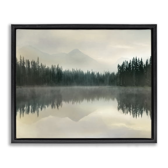 Stupell Industries Rustic Lodge Foggy Lake Forest Landscape Reflection Black Floating Frame Canvas Art, 21 x 17, by Danita Delimont