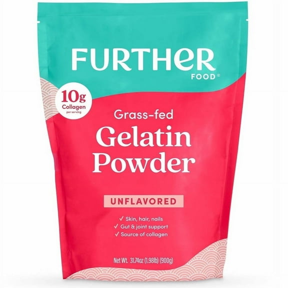 Further Food Gelatin | Grass-Fed, Pasture-Raised, Non-GMO | Unflavored, Excellent Source of Collagen | Pure Beef Gelatin Powder (Large Flexible Pouch- 90 Serving- 31.74oz)