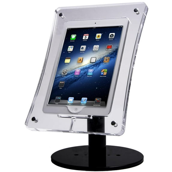 Clear Acrylic Tablet Stand for iPad Air, Rotating and Tilting Bracket, Height Adjustable, Predrilled Holes in Base, Acrylic and Steel (ICASEROTBK)