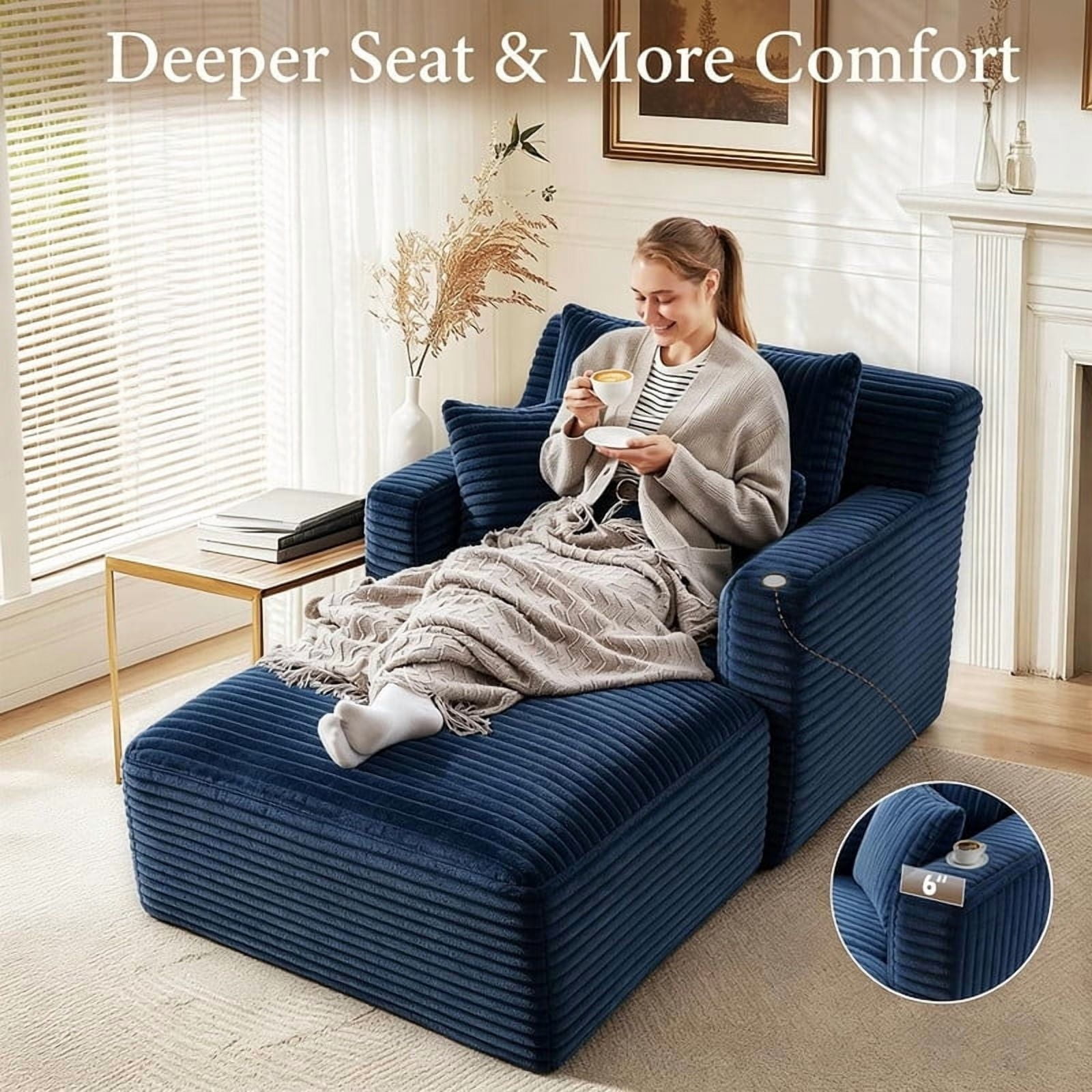 Indoor Single Chaise Lounge Sofa Chair, Modern Corduroy Upholstery Sleeper Bed Lounger Sofa Chair for Living Room,Office,Apartment, 39.4''x65.4''