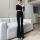 thumbnail image 3 of Pantalones de tiburón negro Pantalones de cintura alta para mujer Pantalones ajustados hasta el suelo Pantalones holgados de moda para primavera y otoño, 3 of 6