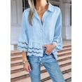 thumbnail image 3 of Womens 3/4 Bell Sleeve Button Down Shirts Casual Ruffle Hem Tops Eyelet Blouse Light Blue L, 3 of 6