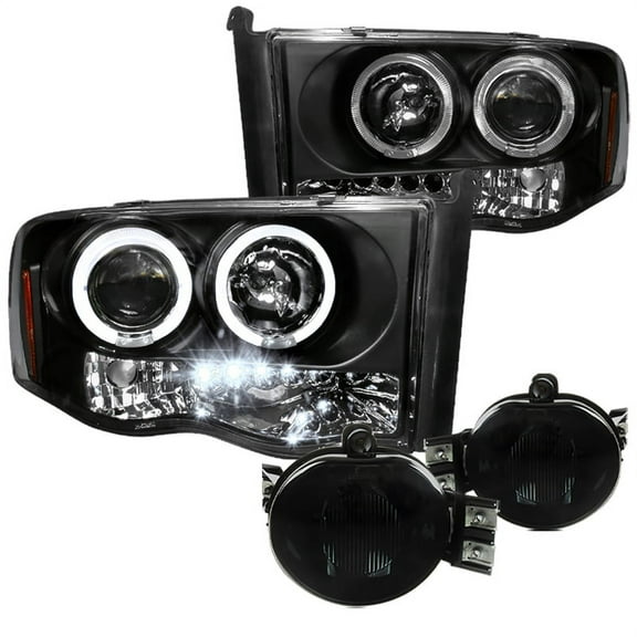 Spec-D Tuning Black Halo LED Projector Headlights   Smoke Fog Lights Compatible with 2002-2005 Dodge Ram 1500, Left   Right Pair Headlamps Assembly