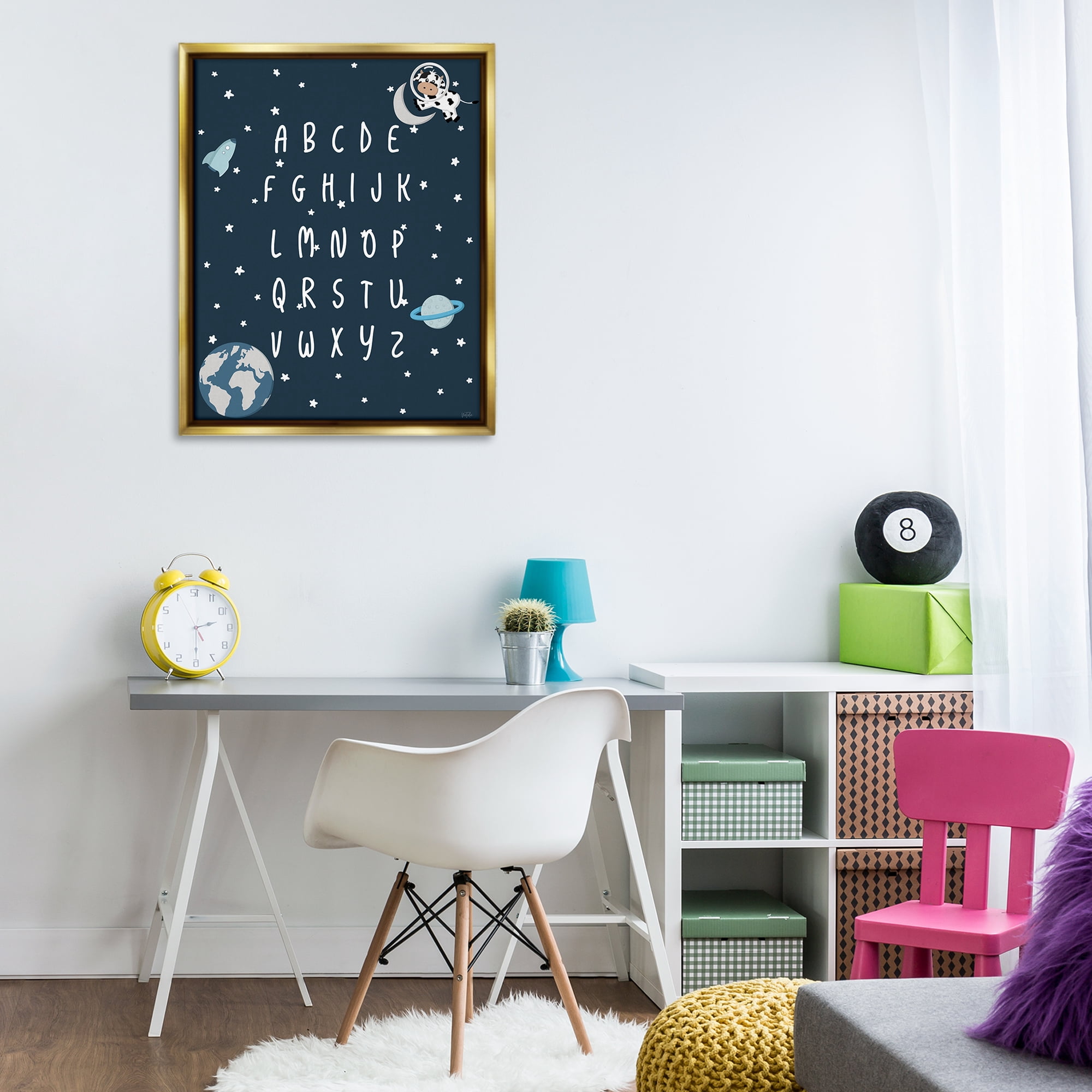 Stupell Industries Outer Space Alphabet Novelty Painting Gold Floater Framed Art Print Wall Art, 25 x 31