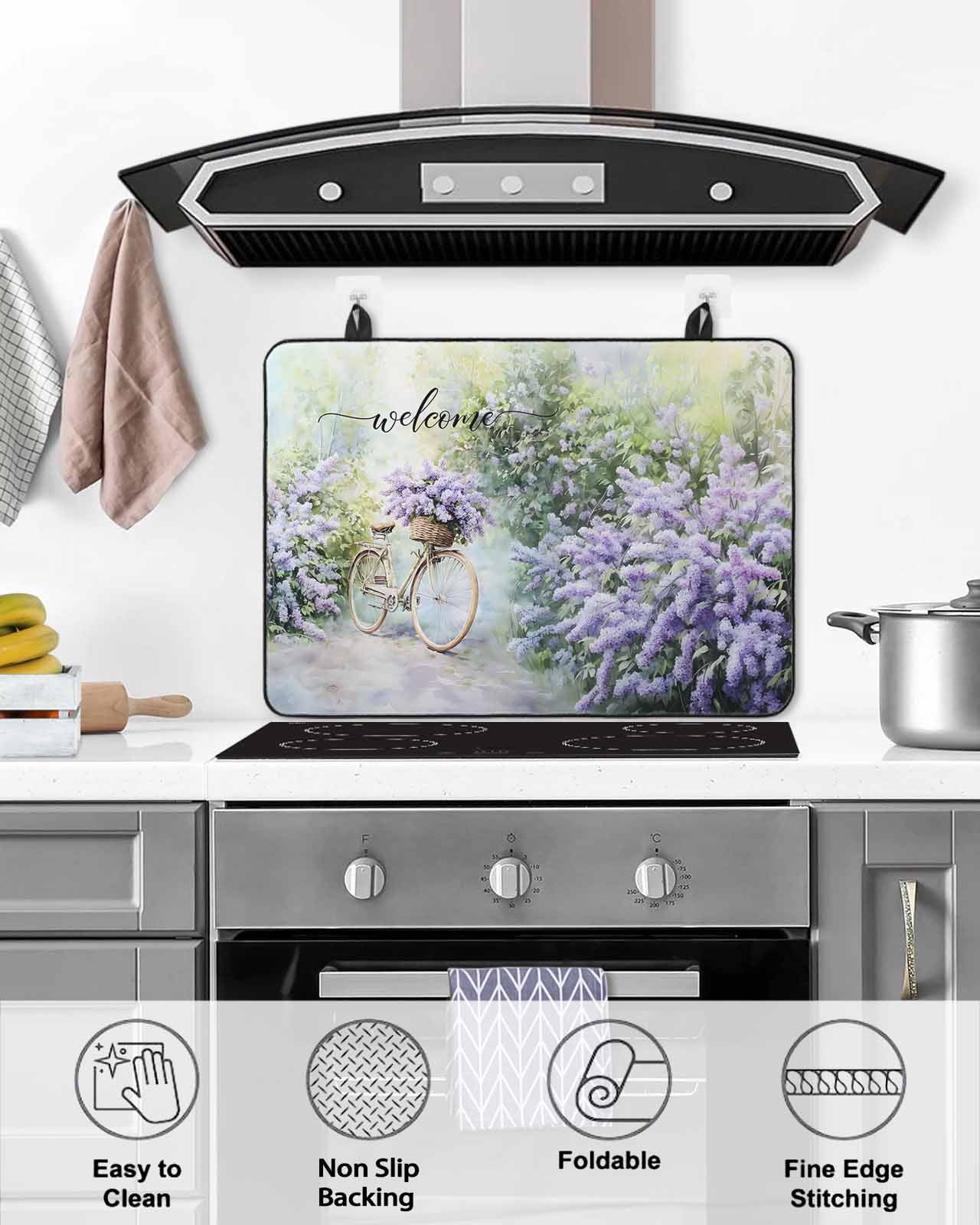 nqOlkjepod Large Induction Cooktop Protector Mat 24"x21", Purple Lavender Stove Top Covers for Electric Stove, Green Leaves Spring Bike Botanical Stove Burner Cover Mats, Glass Top Stove Cover