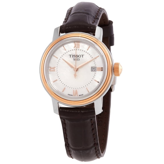Tissot Bridgeport Quartz White Mother Of Pearl Dial Brown Leather Band Stainless Steel Case Ladies Watch