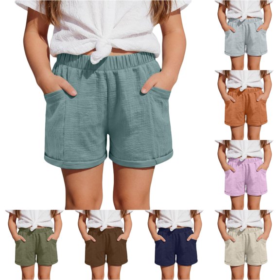 TinyBloomm Girls Casual Solid Color Loose Fit Summer Shorts Comfortable Elastic Waist Playwear Soft Twill Pants, Size 8-9 Years