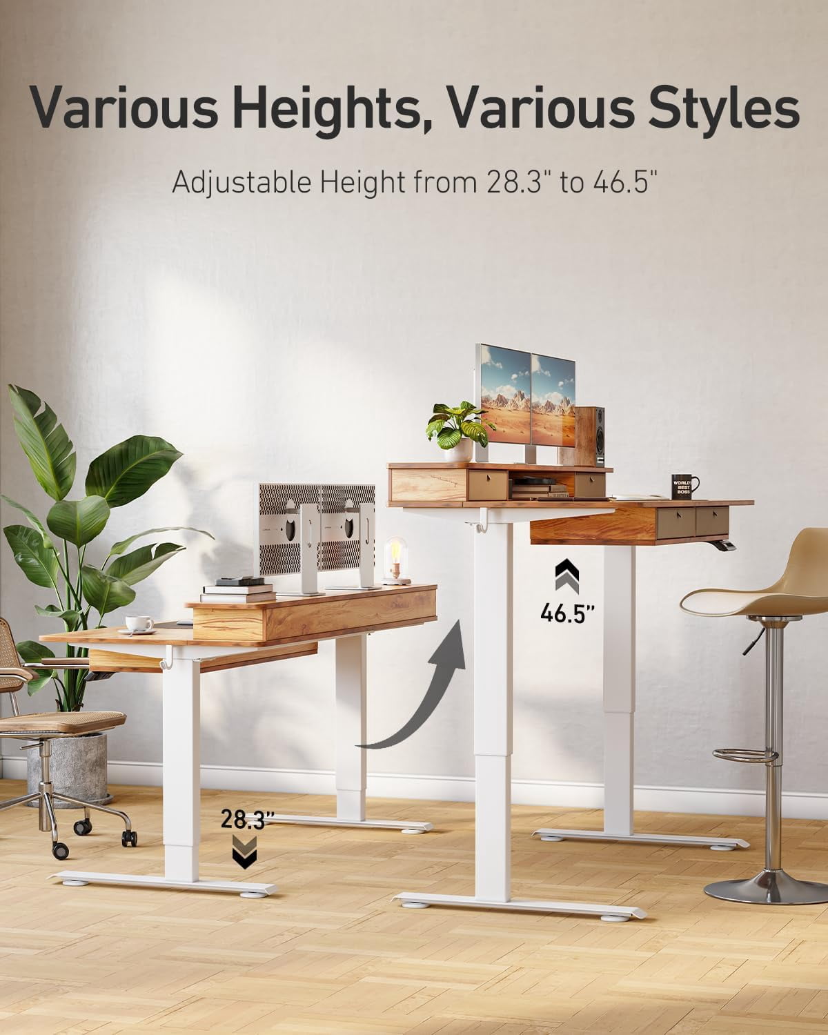 DESINO 48 x 24 Inch Height Adjustable Electric Standing Desk with Drawers, Stand Up Table with Large Storage Shelf, Sit Stand Desk for Home Office, Light Rustic Brown