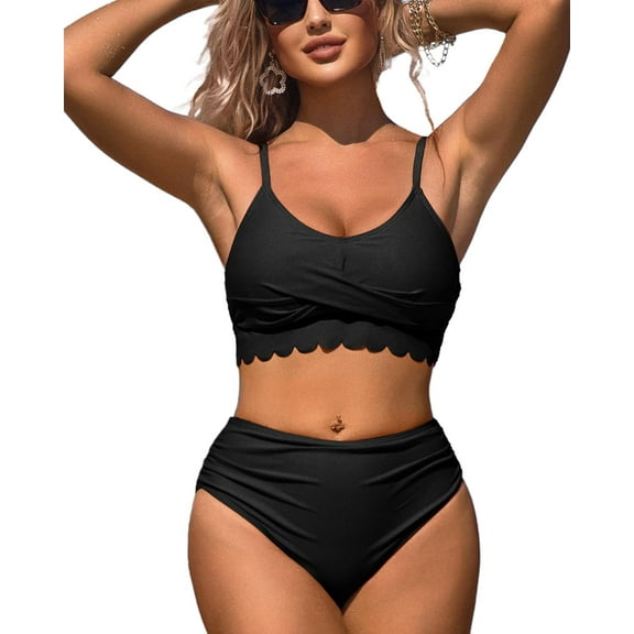 Alove Solid Color Swimwear Curved Selvedge High Waisted Bikini Set Women Ruched Push Up 2 Piece Swimsuits Longline Bathing Suit
