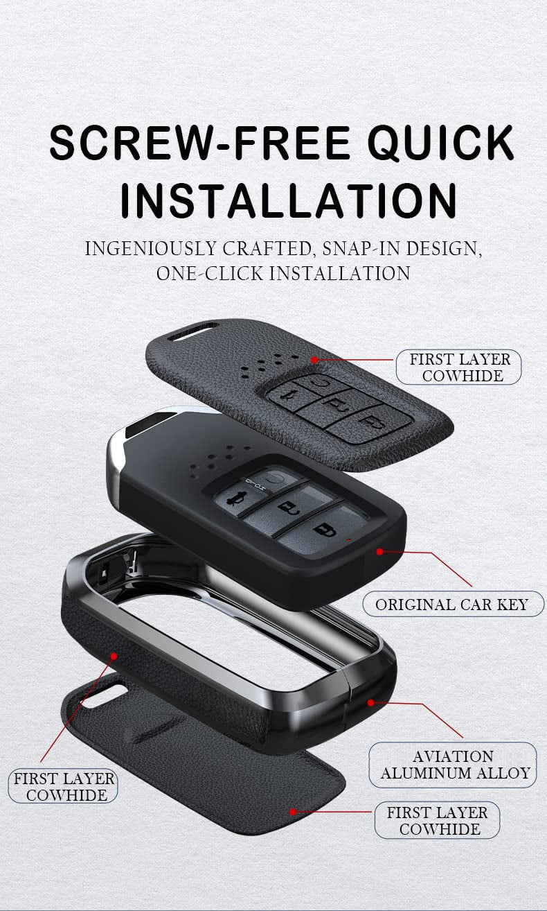 3-button Key Fob Protector Leather Key Cover Metal Key Shell Light Key Bag Fit for Honda Spirior Elysion Fit City
