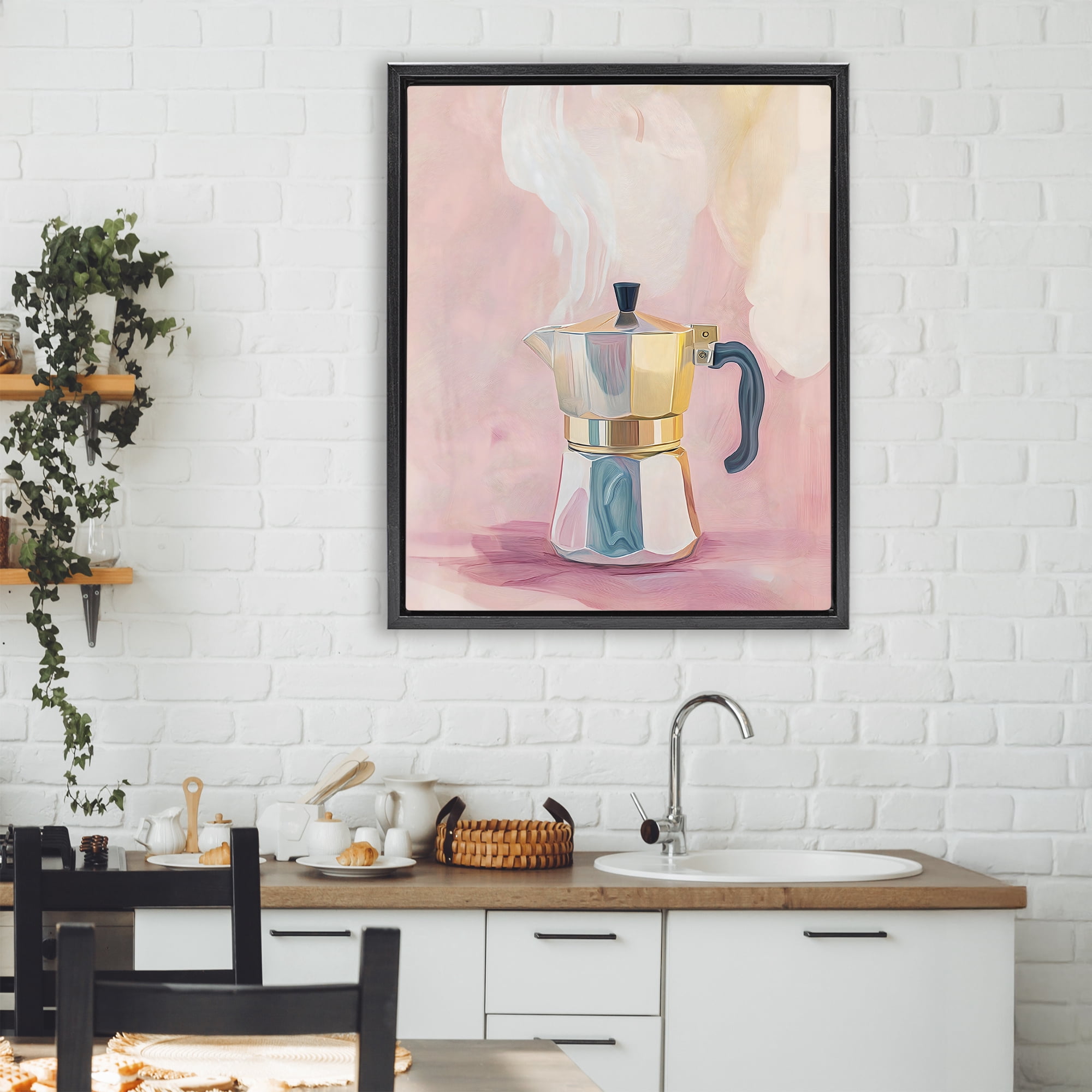 Stupell Industries Vintage Coffee Maker on Pink Black Framed Floater Canvas Wall Art, design by The Prints Vibe