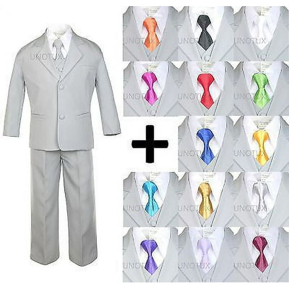 New 6pc Extra Neck tie + Boy Infant Toddler Light Silver Formal Suit Tuxedo S-20